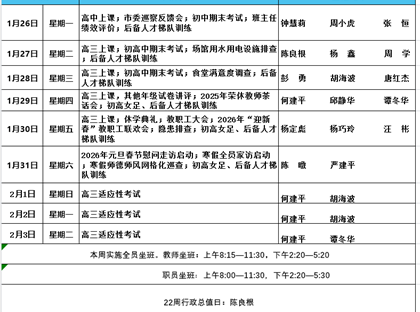 2025-2026学年第一学期第22周工作安排